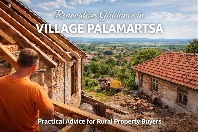 Renovation work on a traditional rural house in village Palamartsa Bulgaria showing roof repairs and countryside setting